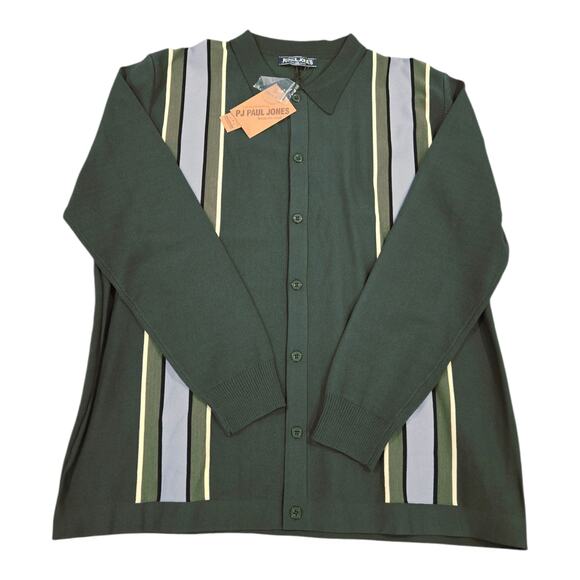 NWT PJ Paul Jones Vintage Striped Men's LS Cardigan BD Sweater 2XL Green - Picture 2 of 5